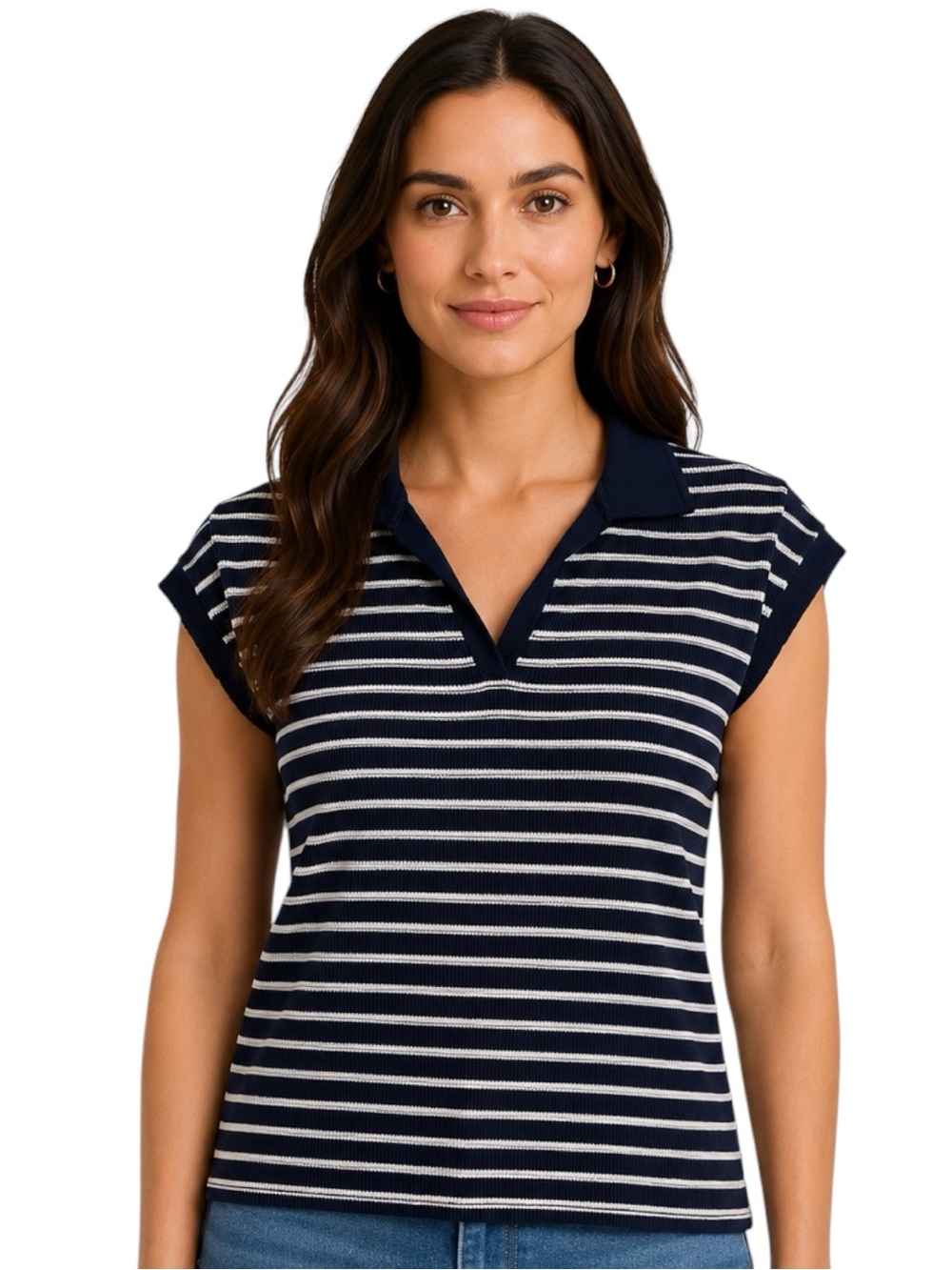 Olivia Jordan Navy White Striped Ribbed Knit Tee Shirt Size Large